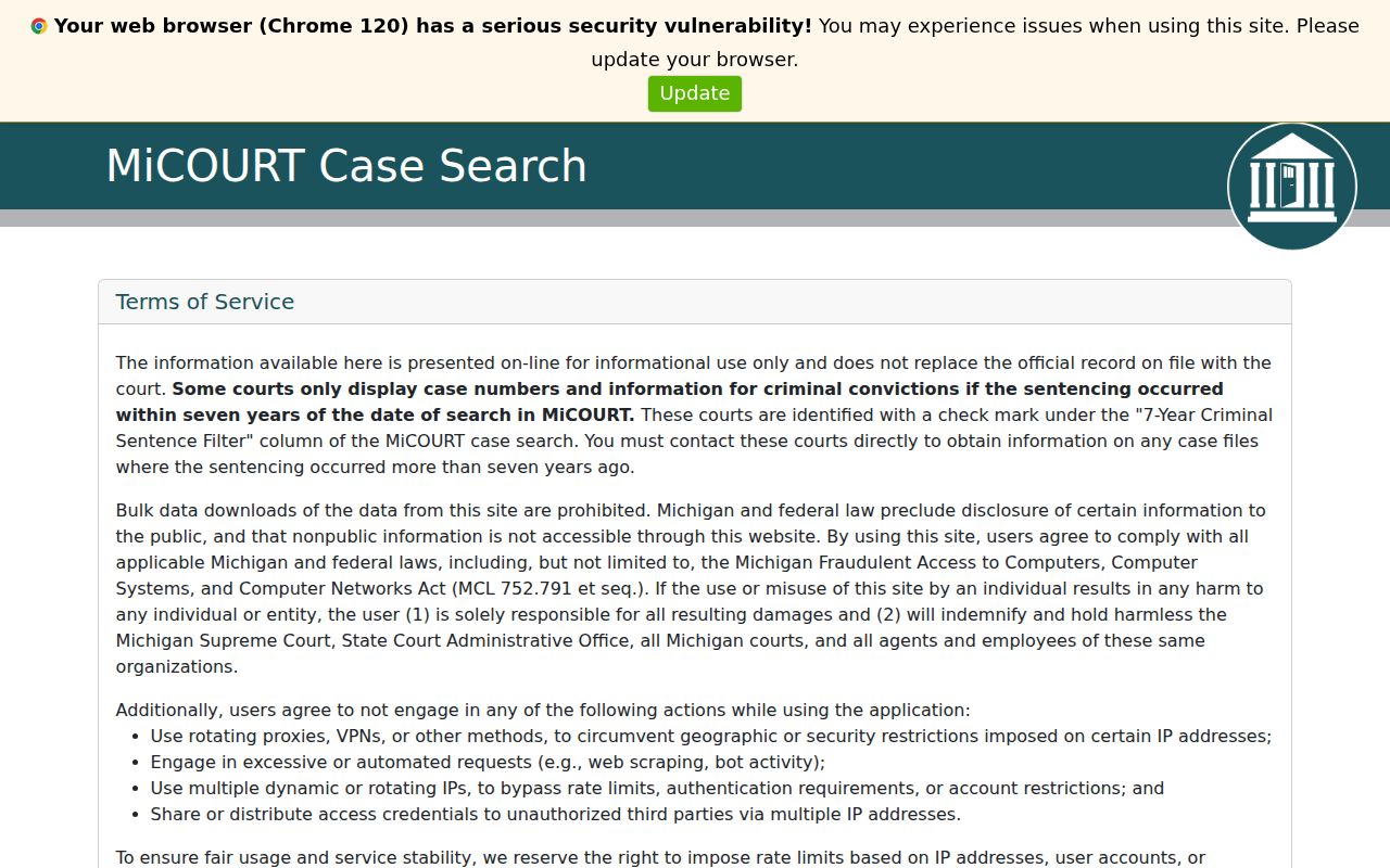 Missaukee County court docket MiCOURT Case Search landing page