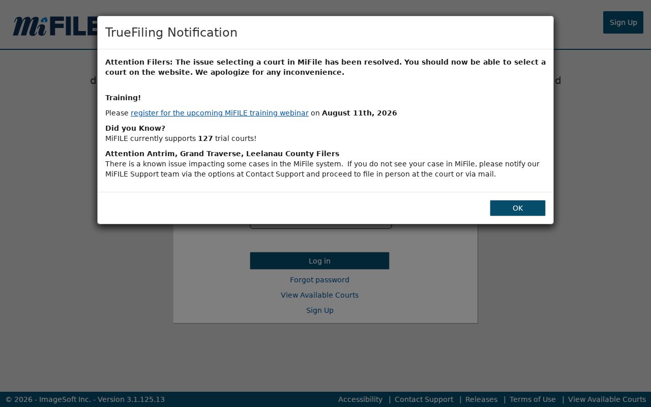 Missaukee County court docket MiFILE login page