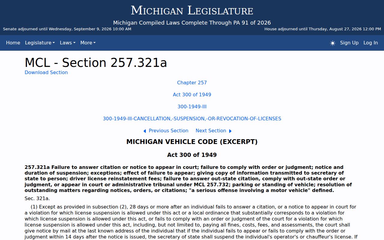 Missaukee County traffic court noncompliance statute source